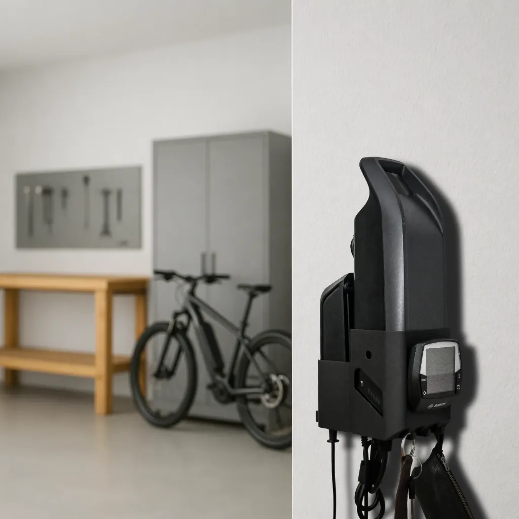 Dual-Wandhalterung für Bosch Ladegerät, Powerpack 400 & 500, Display & Schlüssel E-Bike Akku (Bosch Compact Charger BCS 36-2/230 (Bosch BCS230 - Batteriestecker oval))